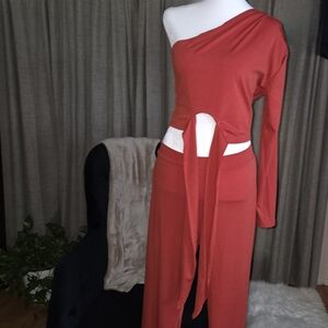 One-Shoulder Red Two-Piece Pants Set